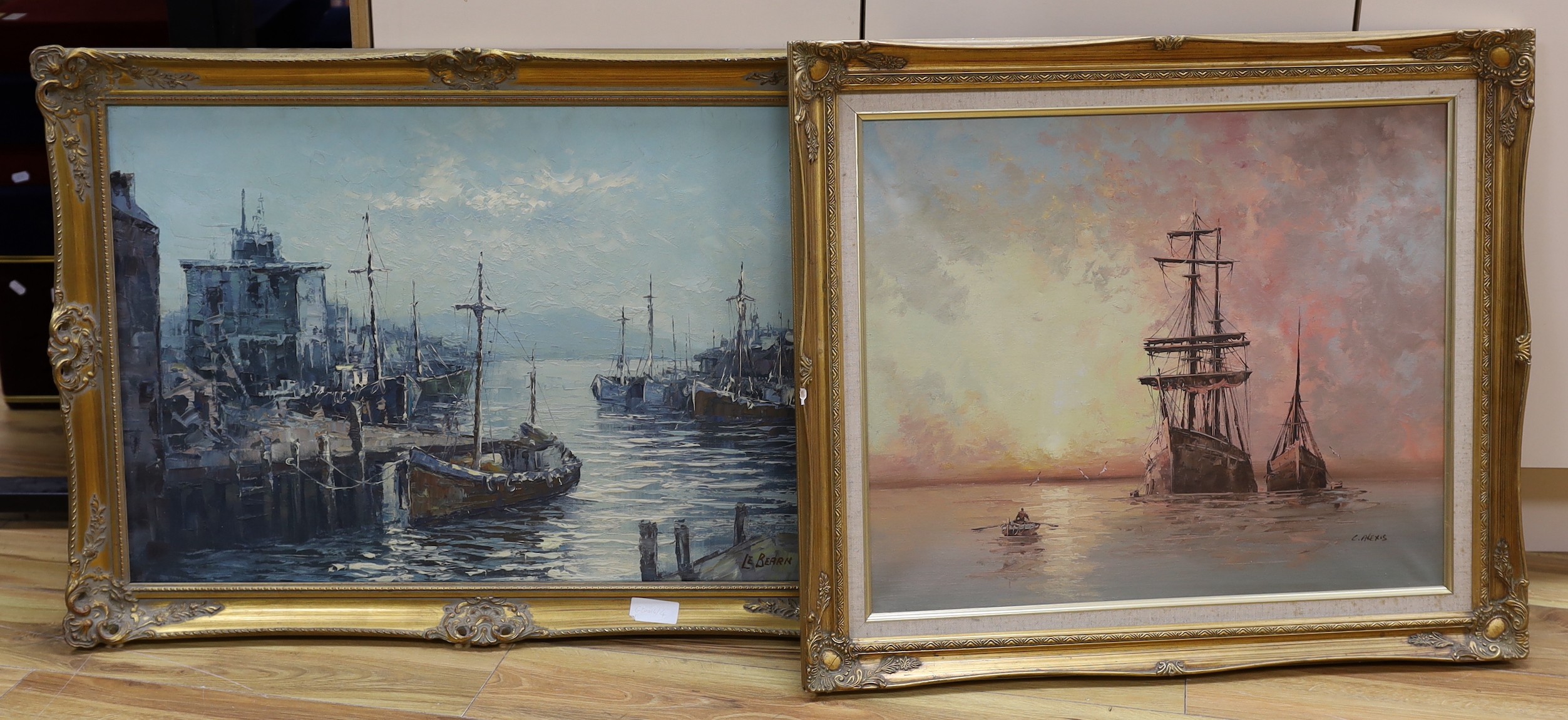 L.E. Bearn, oil on canvas, Fishing boats in harbour, 50 x 75cm and an oil of sailing ships by Alexis, 50 x 60cm